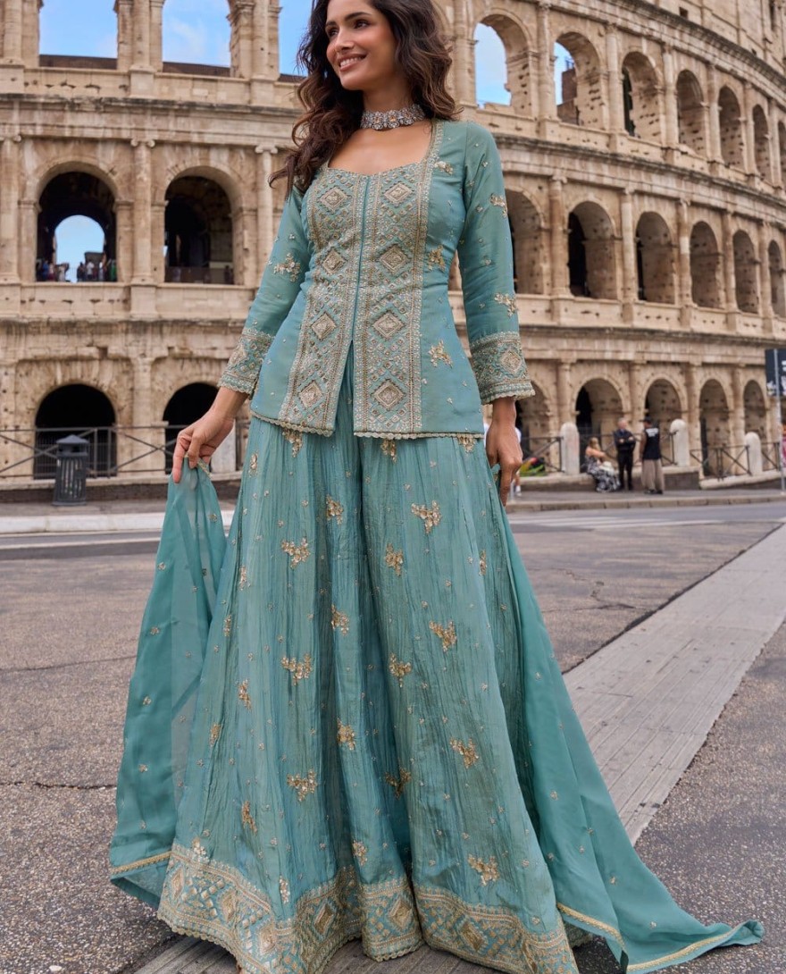 BLUE - Embroidered and Sequins Work Silk Salwar Suit In Aqua Blue Colour